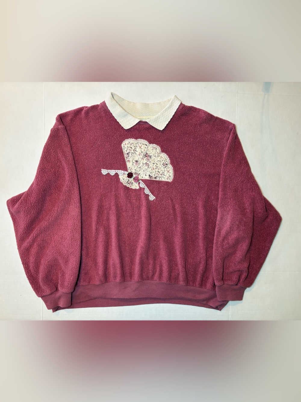 Bon Worth VTG Women’s Pink Collared Sweatshirt Cottagecore Lace Fan Size XL